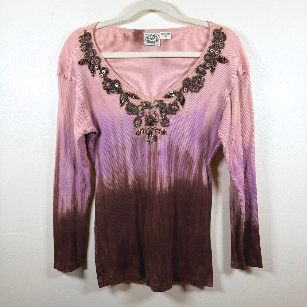 VTG 24 Karat Embellished Ombré Rib Knit Top Womens Medium Pink Purple Brown Boho